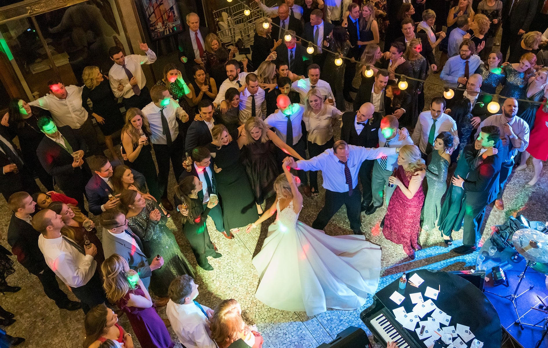 aerial view of everyone on the dance floor at a wedding